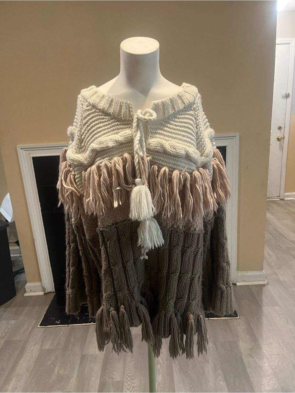 Boho Chunky Knit Poncho Shawl Anthropologie Cream, Blush & Taupe Tassel